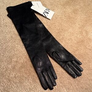 Zara Women's Long Black Leather Gloves. Size M